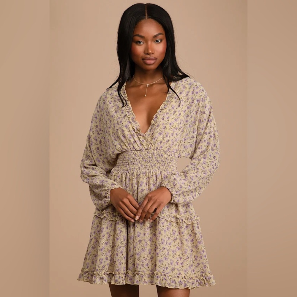 Nwt Beige‎ purple floral tiered ruffle long sleeve dress romantic cottage core